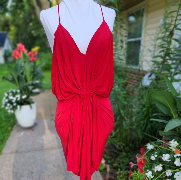 NEW Misa Los Angeles Domino Mini Dress Twisted Knot V Neckline All-Red Luxury - Picture 6 of 15